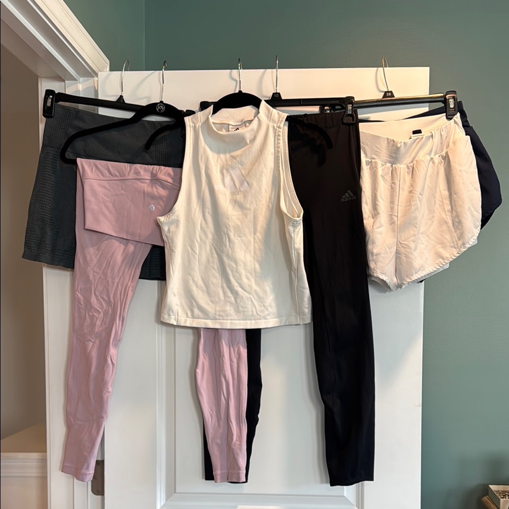 Mixed Activewear Set with White Tank & Assorted Bottoms